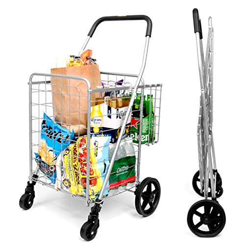 Grocery Utility Shopping Cart - Deluxe Folding Cart with Double Basket and 360° Rolling Swivel Wheels 66 lbs Utility Cart with Wide Cushion Handle Bar for Grocery Laundry Book Luggage Travel - size: Medium