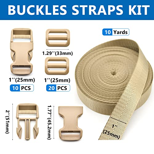 1 inch Buckles Straps Set with 10 Yards Nylon Webbing Strap,10 pcs Quick Side Release Plastic Buckle, 20 pcs Tri-glide Slide Clip for Luggage Strap, Backpack Replacement (Khaki) - color: Khaki