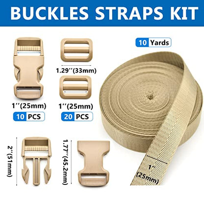 1 inch Buckles Straps Set with 10 Yards Nylon Webbing Strap,10 pcs Quick Side Release Plastic Buckle, 20 pcs Tri-glide Slide Clip for Luggage Strap, Backpack Replacement (Khaki) - color: Khaki