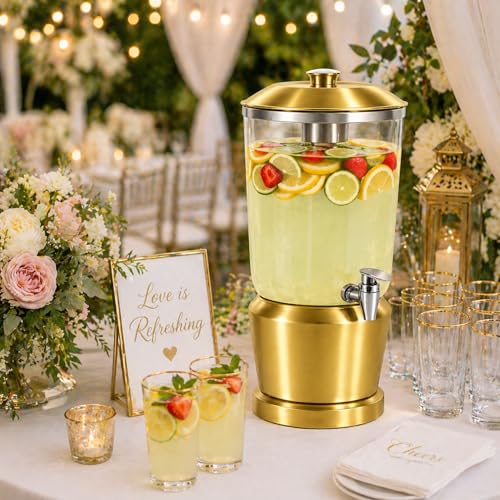 Drink Dispenser with Ice Chambers, Lemonade Tea Water Dispenser with Spigot, Stainless Steel Beverage Jar Jug, Perfect for Home Parties, Weddings, Gifts & Events (Gold, 3, Gallons) - color: Gold