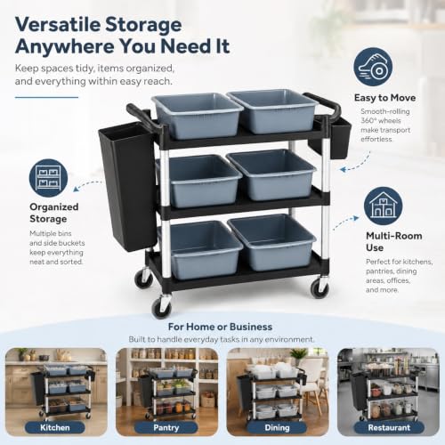 Storage Cart 3 Tier Heavy Duty Commercial Grade Utility Cart,Dish Cart for Restaurant,Multi-Function Mobile Shelving Unit Organizer for Hotel,Restaurant,Kitchen,Laundry Room with 6 Basin 2 Barrels - size: 40X20X38IN