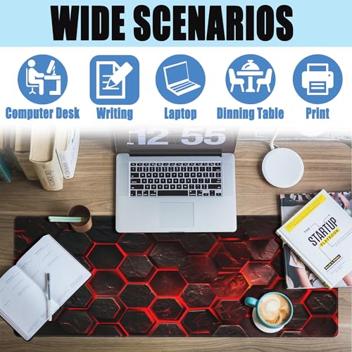 Large Gaming Mouse Pad for Desk,Red Honeycomb Science Technology Desk Mat,Honeycomb Hexagon Desk Pad,Extended Big Computer Keyboard Mouse Pad with Non-Slip Base Stitched Edges 31.5"x11.8" - color: Red Honeycomb Science Technology, size: 11.8" x 31.5"