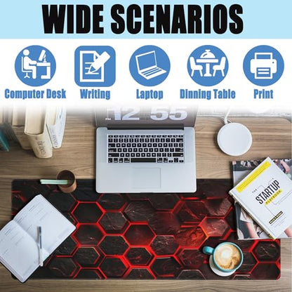 Large Gaming Mouse Pad for Desk,Red Honeycomb Science Technology Desk Mat,Honeycomb Hexagon Desk Pad,Extended Big Computer Keyboard Mouse Pad with Non-Slip Base Stitched Edges 31.5"x11.8" - color: Red Honeycomb Science Technology, size: 11.8" x 31.5"