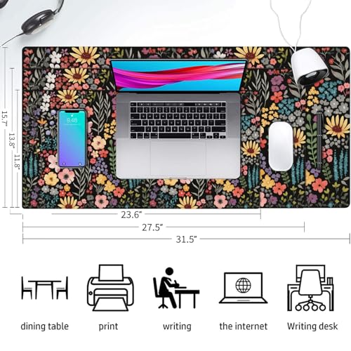 Floral Desk Mat, Cute Flower Large Mouse Pad, Black 27.5"x13.8" - color: A Flowers - Black, size: 27.5" x 13.8"