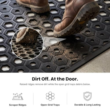 Subhera Collection Heavy Duty Rubber Door Mat 25"×39" Non-Slip Drainage with Dirt Scraper | Outside Doormat for Front Pool Deck & Patio All-Weather 100% Won't Curl or Blow Away - size: 2'1" x 3'3" (Rectangular)