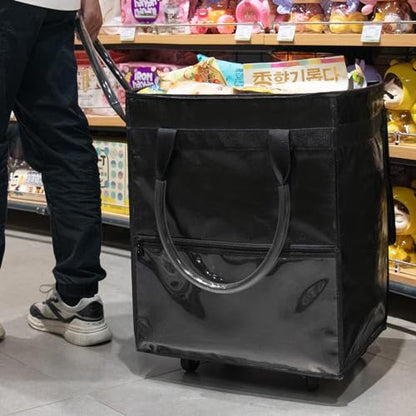 Medium Black Reusable Grocery Bag on Wheels, Folding Rolling Tote - color: Black, size: Medium
