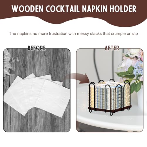 Square Metal Cocktail Napkin Holder 5x5 Wood Napkin Dispenser Black Flat Napkins Holder Brown Paper Napkins Storage Napkin Holder Caddy Deep Napkin Basket Napkin Organizer for Wedding Bar Party Table