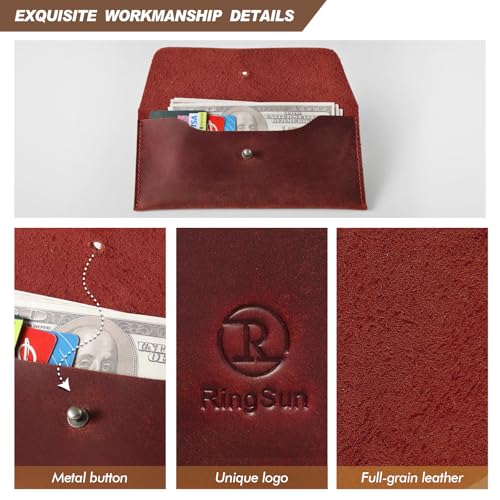 Ringsun Leather Money Cash Envelopes Wallet for Men, Money Bag Pouch Reusable Budget Envelope Wallet, Retro Clutch Wallet, Red - color: Red