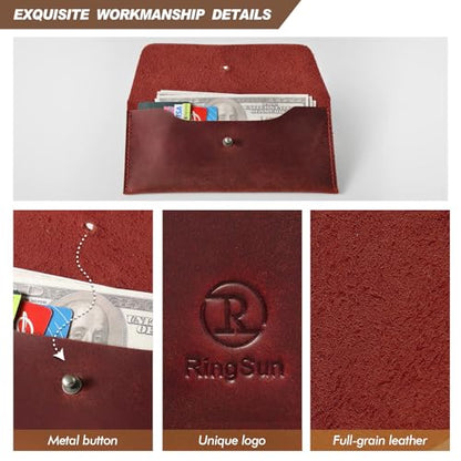 Ringsun Leather Money Cash Envelopes Wallet for Men, Money Bag Pouch Reusable Budget Envelope Wallet, Retro Clutch Wallet, Red - color: Red