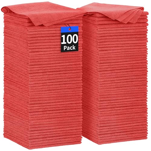 Shop Towels Rags, 100 Pack Microfiber Cleaning Cloth Bulk Absorbent Detailing Rags, Lint-Free Microfiber Towels for Cars, Mechanic, Shop, Garage & Housekeeping 11.5"*11.5" Red - color: Red, size: 100 Pack