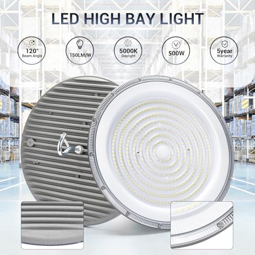 XYCN 4 Pack 500W UFO Led High Bay Light,120VAC,6000K Daylight Commercial Bay Lighting,IP66 Waterproof,71050LM,2150W MH/HPS with Plug Area Lighting for Warehouse/Shop/Workshop/Barn/Gym/Factory - size: 500W 4pack UFO high bay light