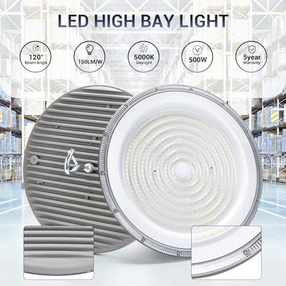 XYCN 4 Pack 500W UFO Led High Bay Light,120VAC,6000K Daylight Commercial Bay Lighting,IP66 Waterproof,71050LM,2150W MH/HPS with Plug Area Lighting for Warehouse/Shop/Workshop/Barn/Gym/Factory - size: 500W 4pack UFO high bay light