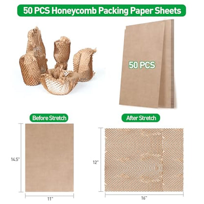 MAXECHO 50 Sheets Honeycomb Packing Paper Expanded Size 12" × 16" Unexpanded Size 14.5" × 11" Bubble Cushioning Wrap for Moving Shipping Products Gifts Wrapping Essentials Packaging Materials Supplies - size: 11" × 14.5"