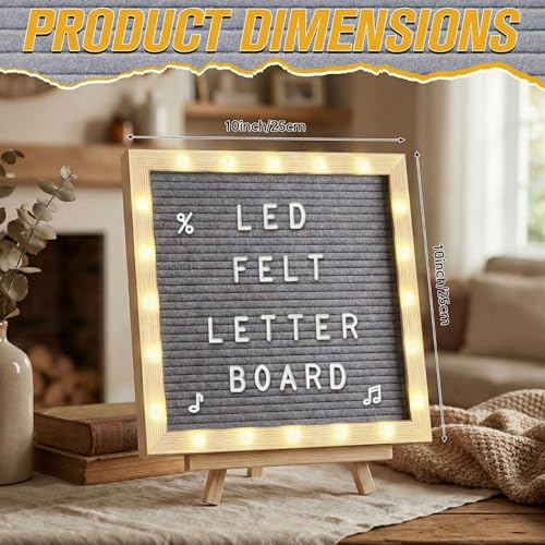 10 x 10 Inches Felt Letter Board & LED Light, Gray, Natural Wood - color: Gray, size: 10 x 10 Inches, style: Natural Wood