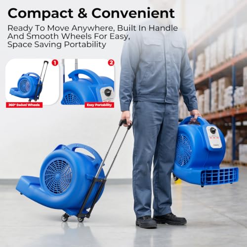 Air Mover Blower Fan, 1/2 HP Floor Dryer, 1800 CFM 3 Speed Adjustable Wide Angle Airflow, Swivel Wheels Telescopic Handle 7ft Cord, Carpet Floor Commercial Use
