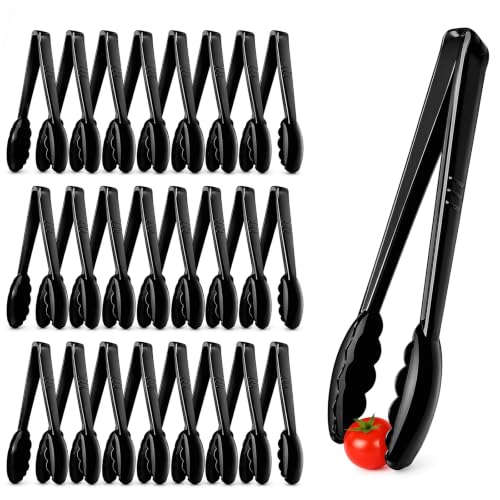 24 Pack Plastic Serving Tongs, 9 Inch Black Heavy Duty Buffet Tongs