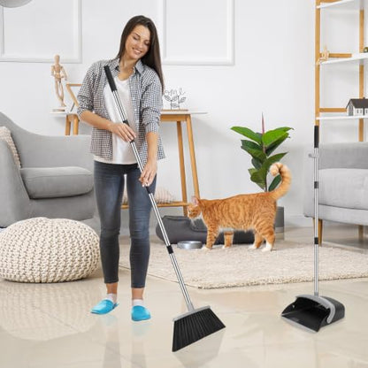 NACENA Broom and Dustpan Set with 52-in Long Adjustable Handle, Black Grey - color: Black-grey, size: 1 Pack