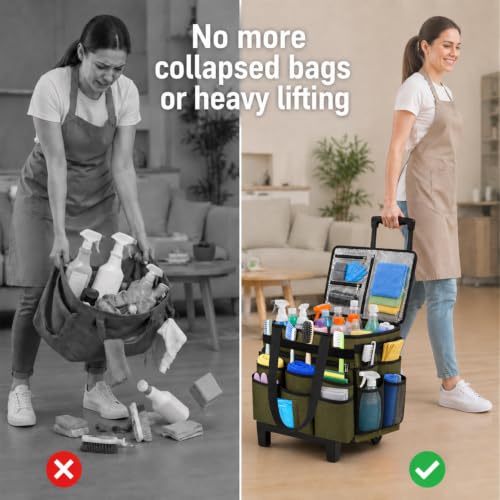 Large Rolling Cleaning Caddy Bag with Telescoping Cart, Green - color: Green