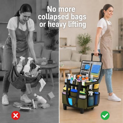 Large Rolling Cleaning Caddy Bag with Telescoping Cart, Green - color: Green