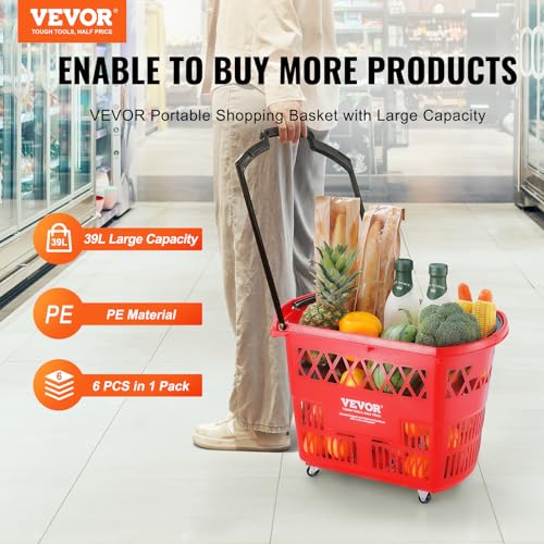 VEVOR Shopping Carts with Handles, 6PCS, 39L Plastic Rolling Shopping Basket with Wheels, Large Portable Shopping Basket Set for Supermarkets, Retail Stores, Grocery Shopping, Red - color: Red