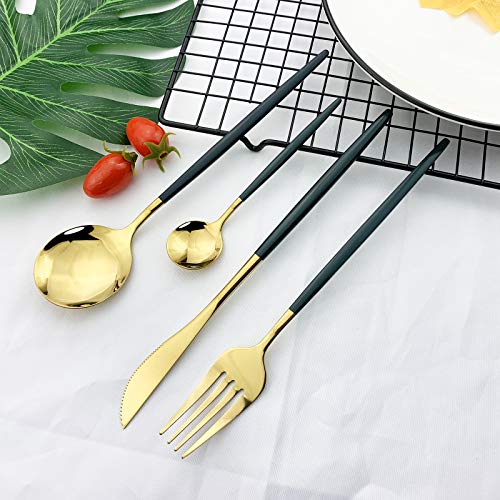 JASHII Flatware Serving Set 24 Piece, Stainless Steel Silverware Set, Green Gold Cutlery Set, Modern Elegant Tableware Set for Party, Christmas, Dinner (Green Gold) - color: Green Gold