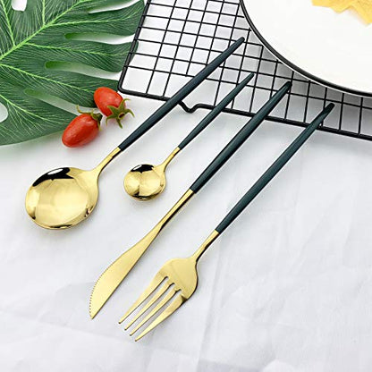 JASHII Flatware Serving Set 24 Piece, Stainless Steel Silverware Set, Green Gold Cutlery Set, Modern Elegant Tableware Set for Party, Christmas, Dinner (Green Gold) - color: Green Gold
