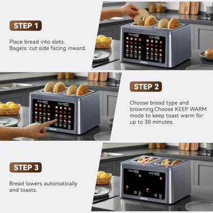 Mecity 4 Slice Toaster Wide Slot, Auto Lift Keep Warm Smart Toaster with Touch Screen, Dual Control Panel, Defrost, Auto Shut Off Digital Toasters for Bagel Muffin Waffle Gluten Free Breads1700W 120V - color: 4 Slot-Brushed stainless steel gray