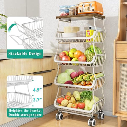 SAYZH 5-Tier Fruit and Vegetable Basket Stand for Kitchen, Wood Top, White - color: White, size: 5 Tiers