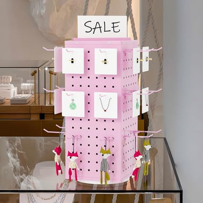 Rotating Pegboard Display Stand With 24 Hooks ,Metal Spinning Peg Board Displays, Desk Pegboard,Merchandise Display Rack for Selling Accessories Vendors & Events Retail Craft Shows & Fairs ( Pink) - color: Pink