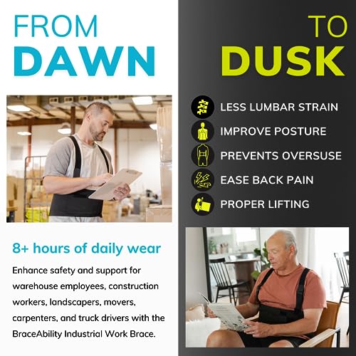 BraceAbility Work Back Brace - Removable Suspender Shoulder Straps for Heavy Lifting Safety - Industrial Lower Back Pain Protection Belt for Men and Women in Construction, Moving, Warehouse Jobs (M) - size: Medium