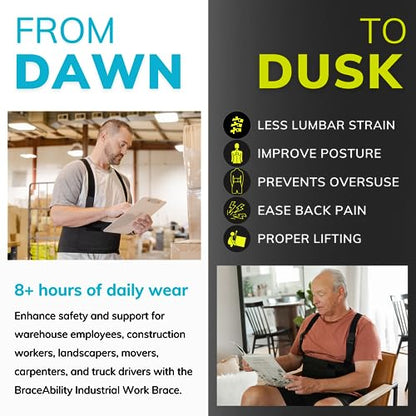 BraceAbility Work Back Brace - Industrial Lower Back Pain Protection Belt for Men and Women, Construction, Moving, Warehouse Jobs - Removable Suspender Shoulder Straps for Heavy Lifting Safety (L) - size: Large