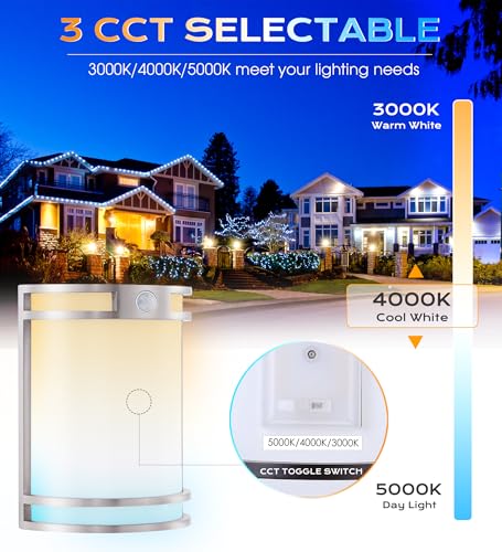 CLOUDY BAY Indoor/Outdoor Motion Sensor LED Wall Light,120V 15W 1000LM Porch Light,3000K/4000K/5000K Selectable,Wet Location,Brushed Nickel - color: Brushed Nickel