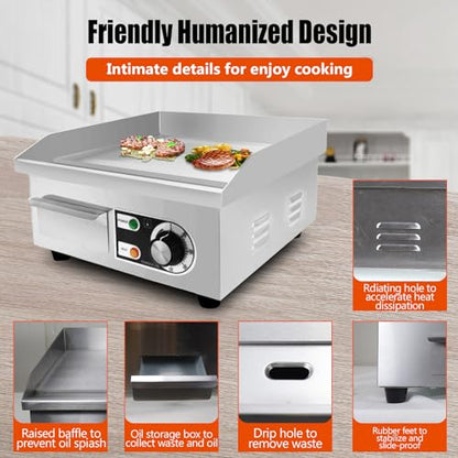 14" Commercial Electric Griddle,Electric Countertop Flat Top Griddle,110V 1500W Electric Flat Top Grill,Non-Stick Restaurant Teppanyaki Stainless Steel Grill,Adjustable Temperature Control - style: 14''
