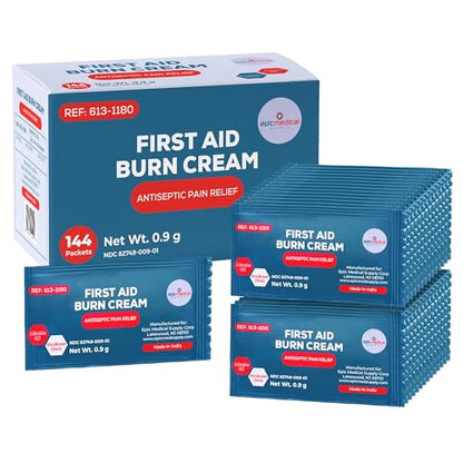First Aid Burn Cream Packets Box of 144, Burn Ointment with Lidocaine and Benzalkonium Chloride for Minor Scrapes, Cuts, and Skin Irritations, Home and Medical Skincare