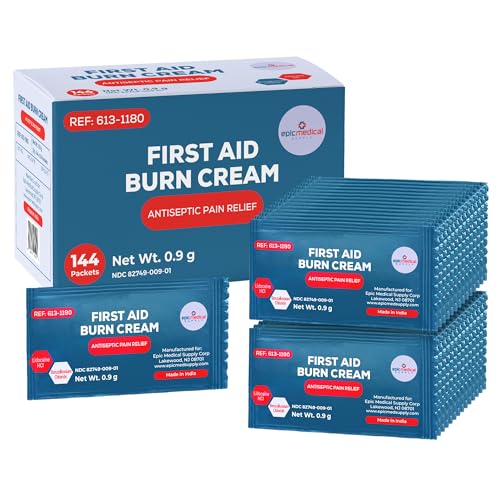 First Aid Burn Cream Packets Box of 144, Burn Ointment with Lidocaine and Benzalkonium Chloride for Minor Scrapes, Cuts, and Skin Irritations, Home and Medical Skincare