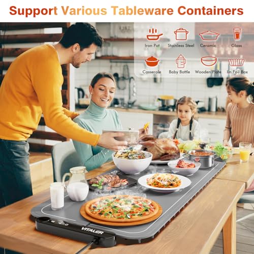 Warming Mat for Food, (XXL 35”x16”) Electric Warming Trays, Upgrade Graphene Fast Full-Surface Heating Mat for Food with 6 Level Temp, 6 Hours Timer, Food Warmer Pad with Heat-Insulating Mat - color: Gray