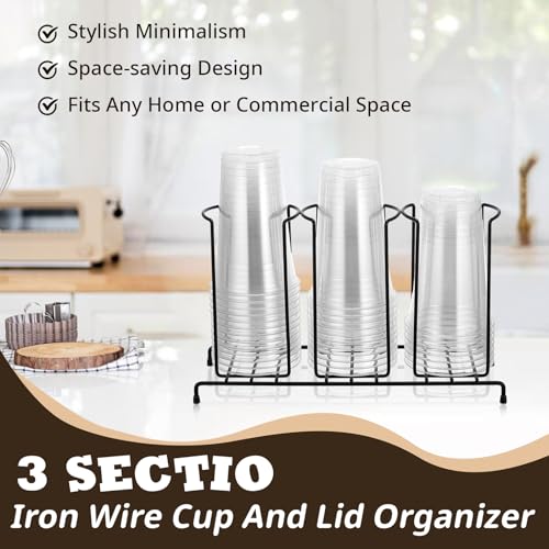 Maxdot 2 Pcs 3 Section Coffee Cup Organizers 14.2 x 8.5 x 5 Inch Wire Rack Coffee Cup and Lid Holder Black Iron Lid Dispenser Countertops Station Organizer for Kitchen Storage Essentials - size: 14.2 x 8.5 x 5 Inch