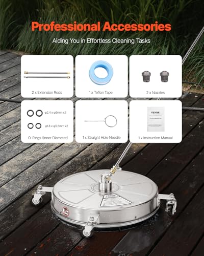 VEVOR 18 Inch Pressure Washer Surface Cleaner, 4000 PSI Stainless Steel Attachment with 4 Wheels, 2 Nozzles, 1/4 Inch Quick Connect and 2 Wands for Concrete, Patio, Deck - size: 18 Inch w/ Wand & Wheels