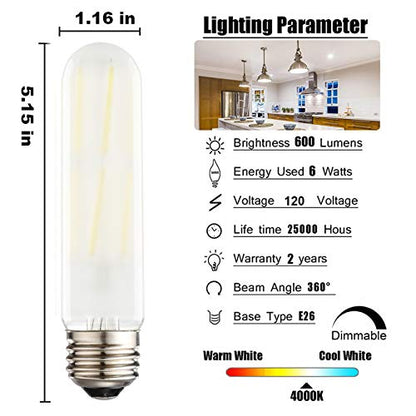 Dimmable T10 Frosted LED Bulbs,6W LED Tubular Edison Bulbs 60 Watt Equivalent,600LM,Daylight 4000K,E26 Medium Base Lamp Bulb for Desk Lamp, Pendant Lights,Cabinet Display Cabinet etc. (3-Pack) - color: Daylight 4000k（3 Packs）
