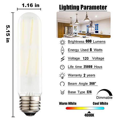 Dimmable T10 Frosted LED Bulbs,6W LED Tubular Edison Bulbs 60 Watt Equivalent,600LM,Daylight 4000K,E26 Medium Base Lamp Bulb for Desk Lamp, Pendant Lights,Cabinet Display Cabinet etc. (6-Pack) - color: Daylight 4000k（6 Packs）