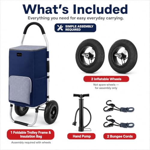 Premium Foldable Grocery Shopping Cart | Tall & Durable | Smooth-Rolling Wheels | All-Terrain (Navy and Gray, 22cm Inflatble Rubber Wheels, Inflating Rubber Wheels with Insulation Bags) - color: Navy and Gray, size: 22cm Inflatble Rubber Wheels