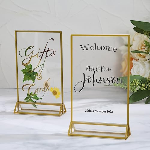 UNIQOOO Acrylic Sign Holders with Golden Border, Portrait View, Pack of 12 | 4x6 Inches Double Sided Clear Frame, Perfect for Wedding reception, Centerpiece, Decoration, Party,Anniversary, Event - size: 4x6",12Pack