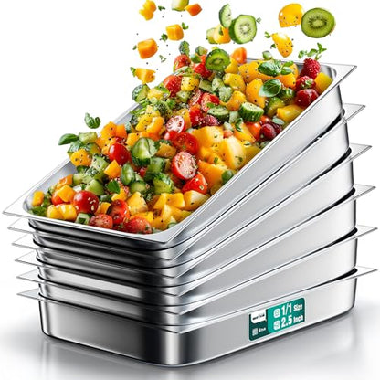 WantJoin Stainless Steel Steam Table Hotel Pan Set 1/1 Size 2.5 Inch 6 Pack - color: 2.5" Deep, size: 1/1 Size Thickened