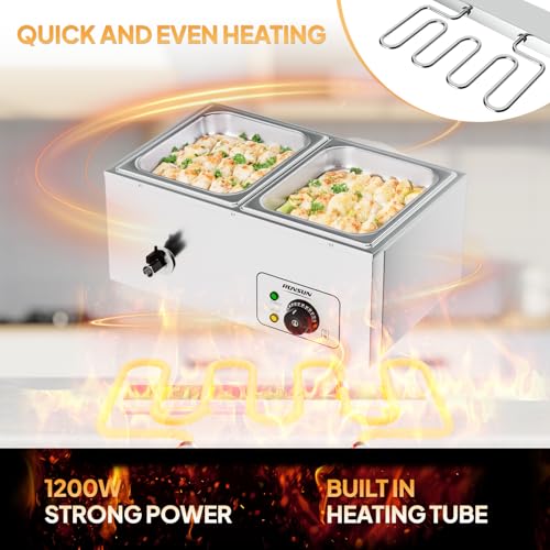 Bonnlo 21 QT 2 Pan Commercial Electric Food Warmer, Counter Top Electric Bain-Marie with Warming Plate, Steam Table Food Warmer for Catering, Parties Buffet and Restaurant, Stainless Steel, 1200W - size: 21QT-2 pan
