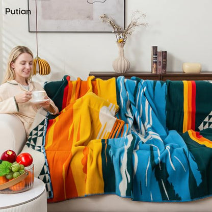 PuTian 100% Wool Blanket - Camping Outdoor Blanket, Mountain Sunrise Green - color: Mountain Sunrise Pattern Green, size: 63" × 87"