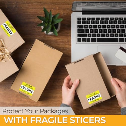 StickerJet Fragile Handle with Care Stickers Roll – (500 Labels, 3"x4") Bright Shipping and Packaging Labels with Strong Adhesive (Yellow) - size: 3"x4"
