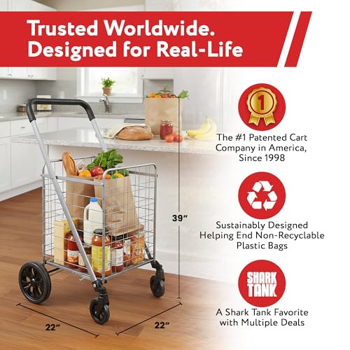 dbest Products Cruiser Cart Deluxe 2 - Foldable Shopping Cart with Wheels & Brake System - Heavy Duty Collapsible Utility Cart for Groceries & Laundry - Holds 100 lbs - Silver, Alloy Steel - color: Silver, style: Deluxe 2
