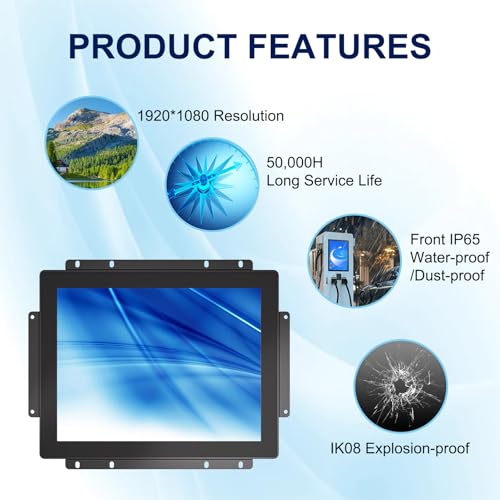 10-Point Multi-Touch Industrial Display 1024x768, 12.1 Inch Open Frame Capacitive Touch Screen Monitor, IP65 Front Waterproof Multi-Touch LCD Display with HD-MI VGA Ports - size: 12.1