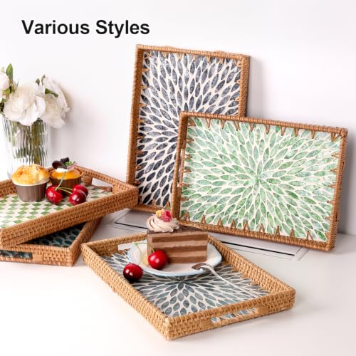 Rectangle Rattan Tray with Mother of Pearl Inlay, Rattan Serving Tray with Handle for Coffee, Bread, Fruits, Snacks, Decorative Wicker Tray for Table Decor (Rectangle Light Blue Leaf, 13"×9") - color: Light Blue Leaf