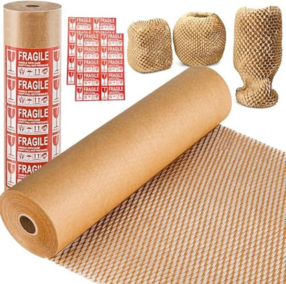 Honeycomb Packing Paper, 15"x230' Eco Friendly Packing Materials for Shipping Breakable Recyclable Moving Supplies Paper Bubble Wrap Sheets Roll with 20 Fragile Sticker Labels - size: 15" x 230'